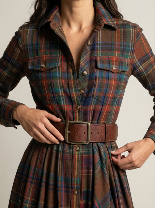 Beatriz - Vestido Largo de Cuadros con Cinturón