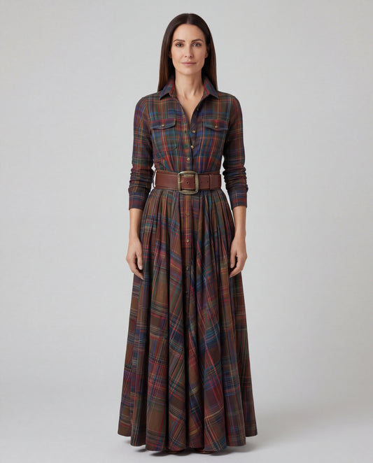 Beatriz - Vestido Largo de Cuadros con Cinturón