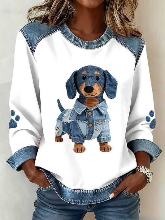 Reina - Sudadera con Capucha con Diseño de Patchwork Denim de dachshunds
